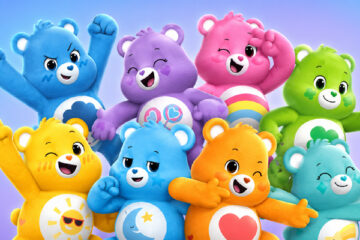 A group of colorful Care Bears gathered together against a soft blue background.