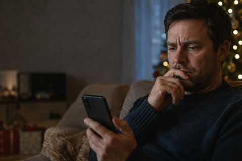 A concerned man reads an update on his smartphone beside a Christmas tree.