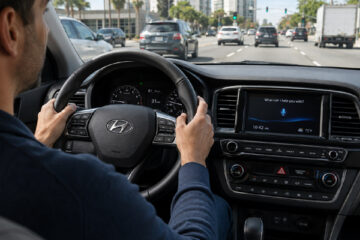 Driver uses Hyundai’s in-car voice assistant system on a modern dashboard display while driving in city traffic