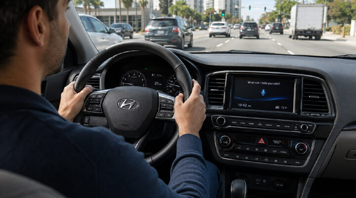 Driver uses Hyundai’s in-car voice assistant system on a modern dashboard display while driving in city traffic