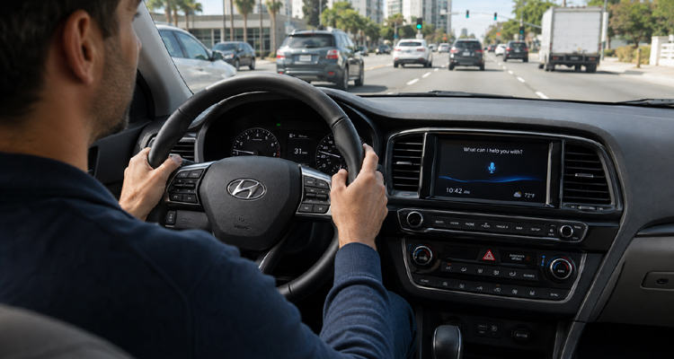 Driver uses Hyundai’s in-car voice assistant system on a modern dashboard display while driving in city traffic