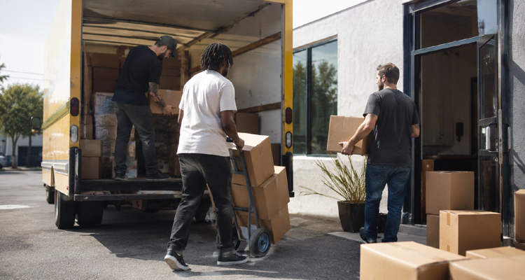 Team members unload boxes from a moving truck during a company office relocation.