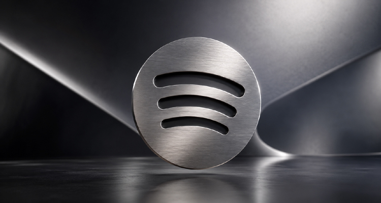 Three-dimensional platinum Spotify mark centered over a sleek metallic abstract background.